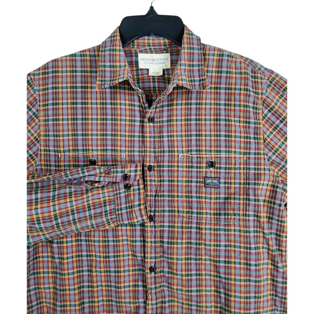 Denim Supply Ralph Lauren Shirt Mens L Green Red Orange Plaid Button LS Autumn